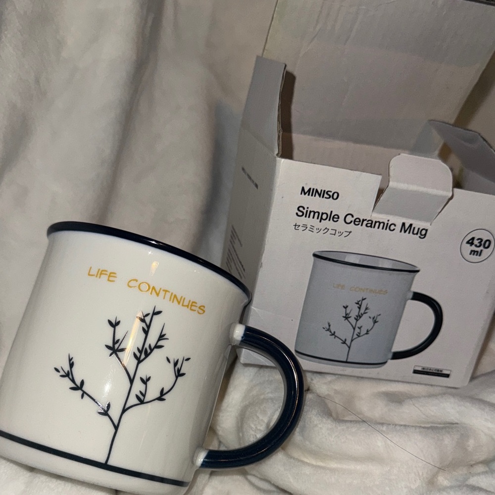 Chic MINISO "Life Continues" Simple Ceramic Mug - 430ml, New in Box!